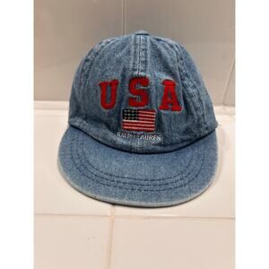 Vintage Ralph Lauren Blue Denim USA Flag Infant Cap Strap Hat One Size